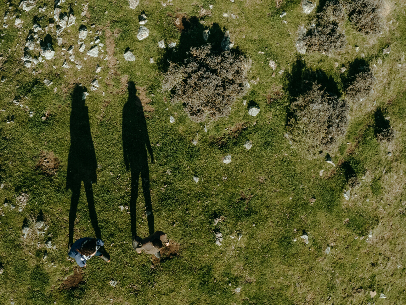Home Capital Partners – aerial view of two people on grassy land with long shadows and scattered rocks.