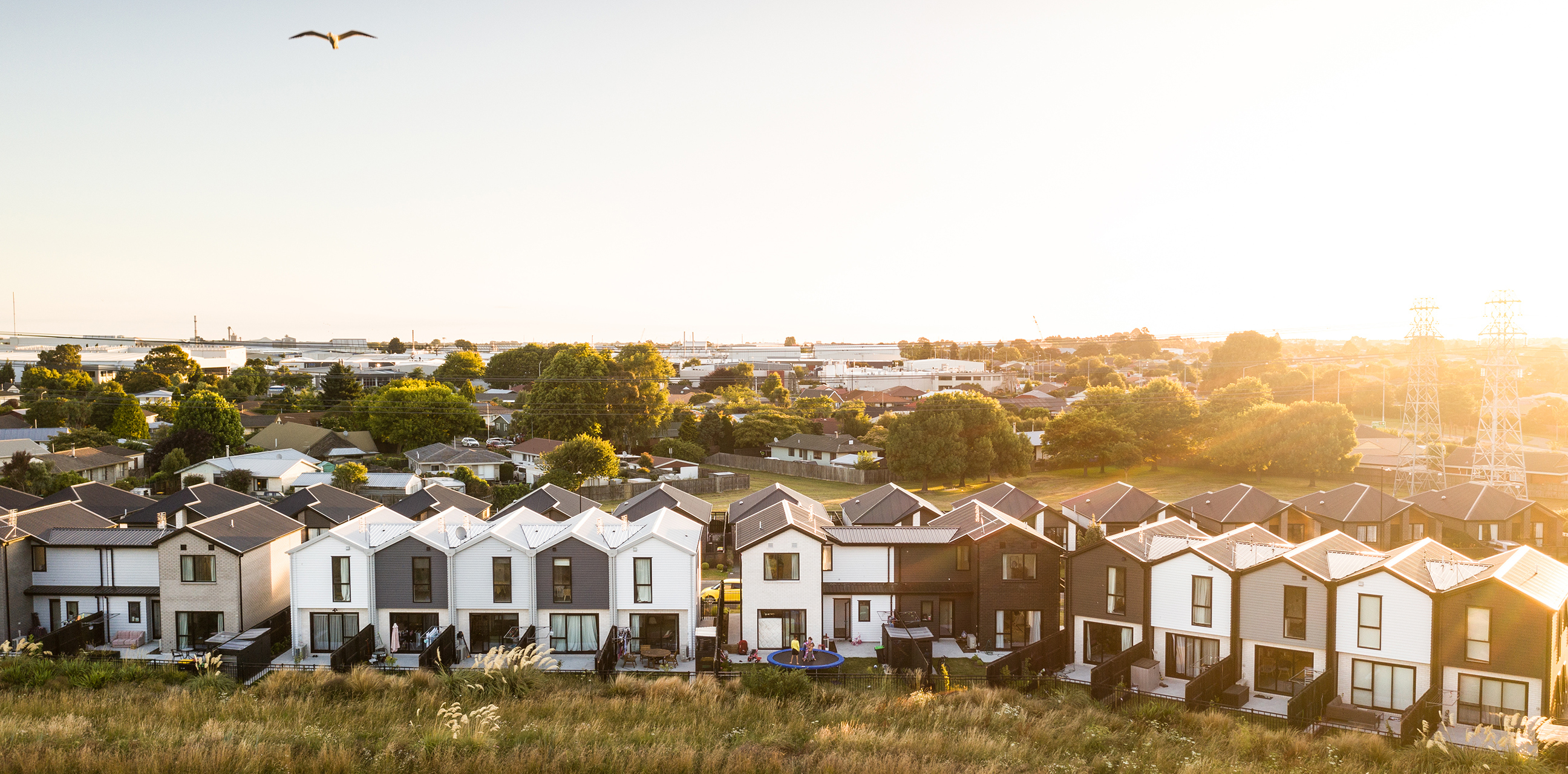 Street-level view of The Residences at Karamū, a modern mixed-tenure housing development in Broomfield, Ōtautahi Christchurch