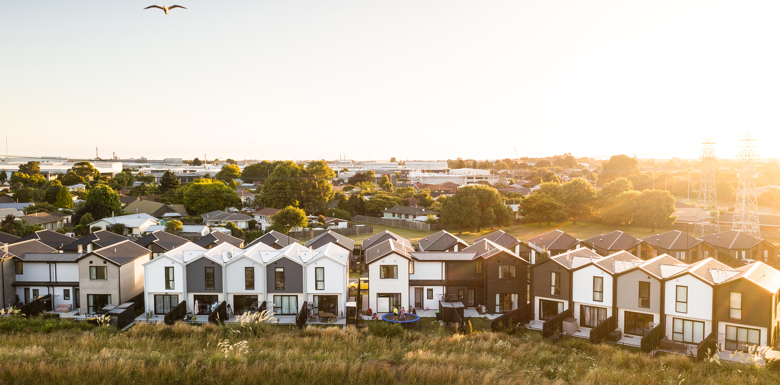 Wide-angle shot of the Karamū project, highlighting multiple blocks of modern homes with shared green spaces.