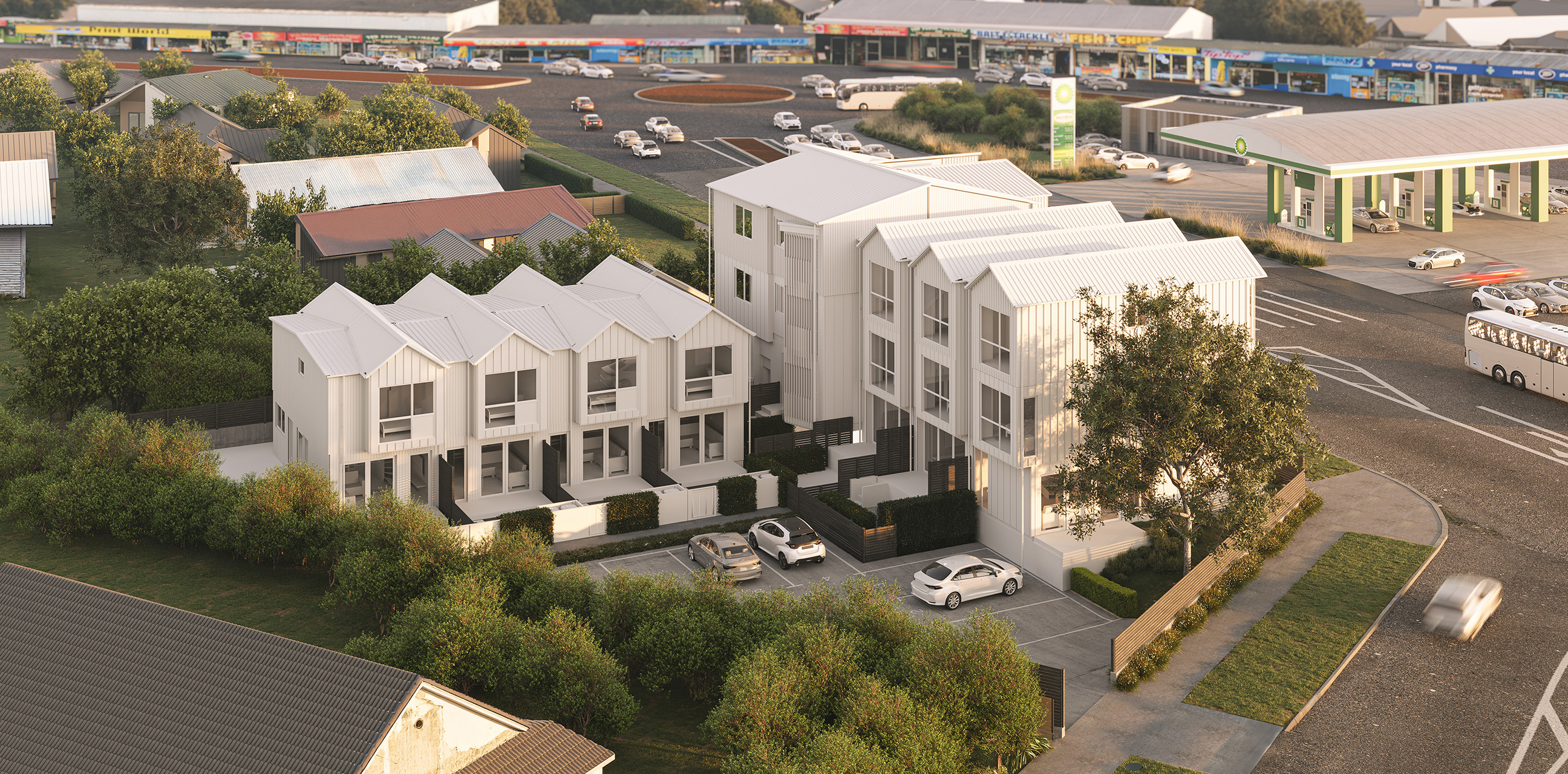 Home Capital Partners – street view of the Te Atatū housing development in West Auckland, featuring a cluster of modern homes.